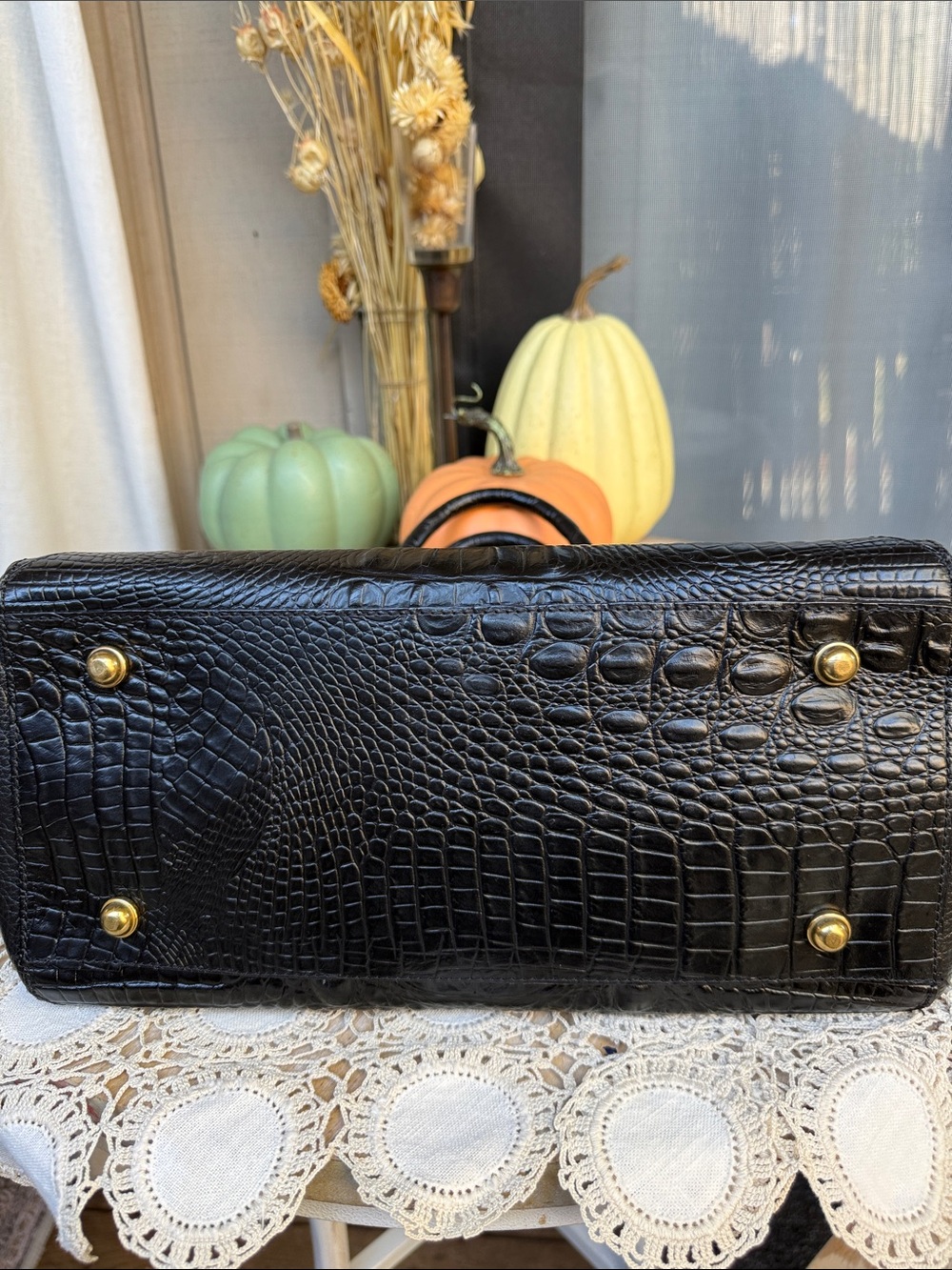 Brahmin Black Croc-Embossed & Brown Haircalf Satchel - Picture 5 of 10